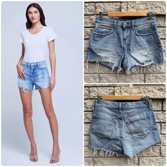 L’agence Audrey Mid Rise Distressed Frayed Denim Shorts Size 24 Coastal Cowgirl - Picture 1 of 7